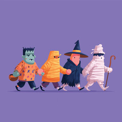 Cute Halloween cartoon characters walking together, fun modern art mascot illustration with Grim, Frankenstein, mummy, witch