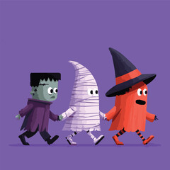 Cute Halloween cartoon characters walking together, fun modern art mascot illustration with Grim, Frankenstein, mummy, witch