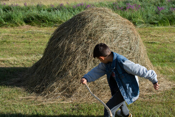 Boy with a stick beside a pile of hay on a field view