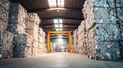 Industrial Warehouse Interior with Stacked Bales of Recyclable Materials Surrounded by Heavy Machinery