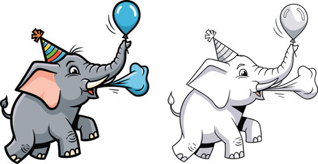 Cute cartoon elephants with party hats blowing balloons, funny birthday celebration illustration, playful animal character design for kids