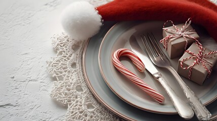 Festive Christmas table setting with candy cane, gifts, and Santa hat.