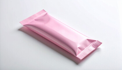Pastel pink foil stick sachet isolated on white background, minimalist clean packaging mock-up.