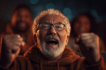 Elderly man celebrates winning lottery numbers on tv family gathering indoor setting joyful atmosphere
