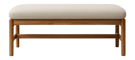 A sleek bench with a wooden frame and neutral cushion, perfect for minimalist bedrooms.