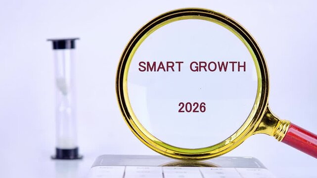 Letters scatter, forming the phrase SMART GROWTH 2026 under a magnifying glass. Time elapses with an hourglass nearby, symbolizing future business strategy