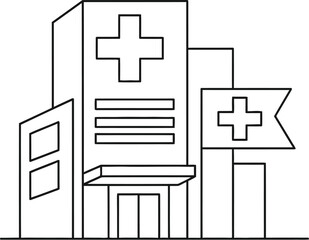 A line drawing of a hospital building with a cross on top and a flag with a cross next to it