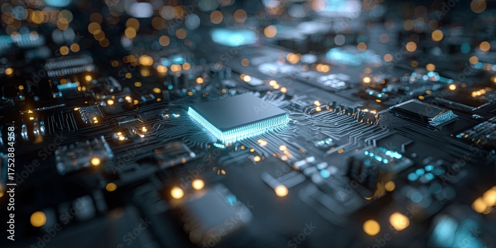 Wall mural Abstract digital circuit board with glowing lights and microchip in high-tech futuristic environment, showcasing innovation and technology advancements