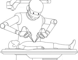 Robot performing surgery on a patient lying on a surgical table in a sterile environment setting room