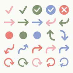 Fototapeta premium Colorful flat-style vector collection featuring various arrows, check marks, and geometric UI icons. Perfect for infographics, presentations, web design, and office projects.