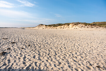 The coastline features soft sand leading to light dunes under a wide blue sky. The natural scene exudes calm and open space.