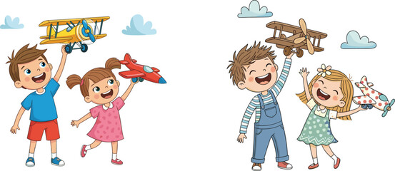 children, airplane, playtime, imagination, adventure, biplane, jet, teamwork, fun, clouds, flying, dreams, cartoon, happy, creativity, toy airplane, cartoon kids, 