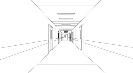 A black and white line drawing of a long hallway with doors and lights on the ceiling perspective view