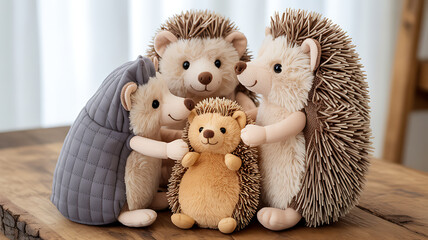 Four plush hedgehogs in varying sizes hugging on a wooden table plush toy stuffed animal