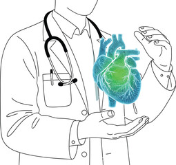 Doctor holding a digital heart with stethoscope in a white coat on a white background illustration
