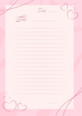 Romantic letter background, Valentine Day postcard with lines for handwriting texts. Love letter template. Vector illustration.