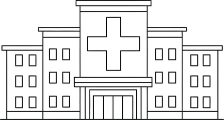 A black and white line drawing of a hospital building with a cross on the front facade design style