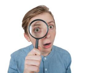Curious teenage guy seeking for solutions as uses a magnifying glass. Male adolescent looks through the magnifier and searching, portrait isolated on transparent background