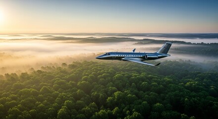 Fototapeta premium Luxury private jet flying over misty forest at sunrise