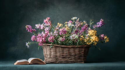 Flowers Basket Still Life: Vintage Book & Floral Display