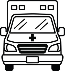 A front view of an ambulance with a medical cross on the hood in a black and white line drawing style