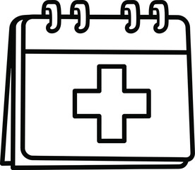 A simple line drawing of a calendar with a medical cross symbol on the page in black and white style