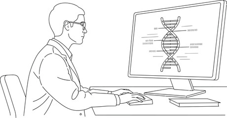 Scientist working on computer with dna structure shown on screen in a laboratory setting illustration