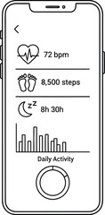 Smartphone screen displaying health app with heart rate steps sleep and daily activity graph shown