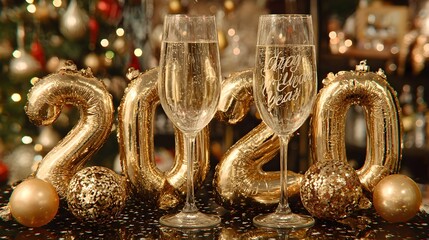 Party scene with balloons shaped like &ldquo;2026&rdquo;, champagne splash, and glowing &ldquo;Happy New Year&rdquo; tex