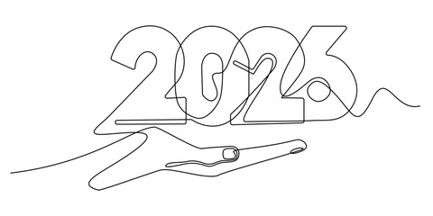 continuous line of hand with number 2026.symbol sign of welcome to year 2026.vector illustration of one line drawing.