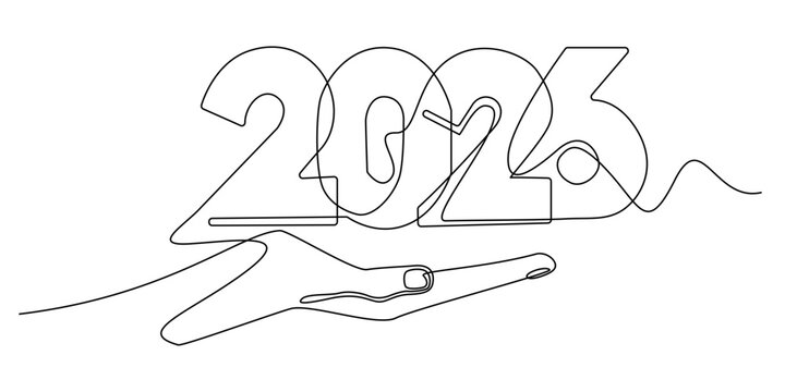 continuous line of hand with number 2026.symbol sign of welcome to year 2026.vector illustration of one line drawing.