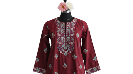Elegant maroon embroidered kurta showcased with delicate floral accents, perfect for fashion editorials and cultural celebrations, sophisticated and timeless