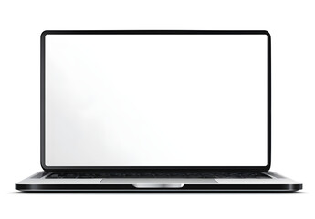 Front view of sleek modern laptop with blank white screen isolated on white background