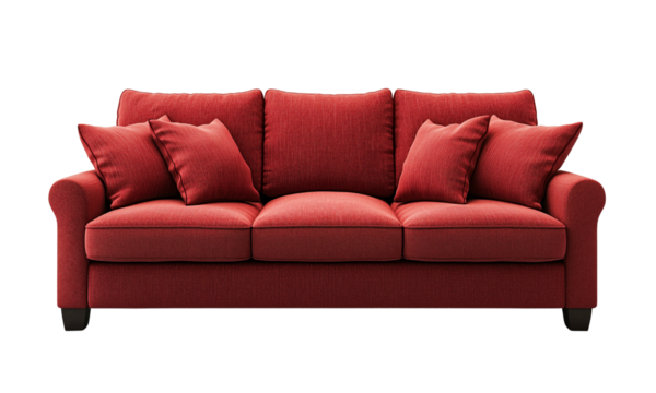 Cozy family gathering on a red couch living room furniture display indoor setting wide angle comfort and style