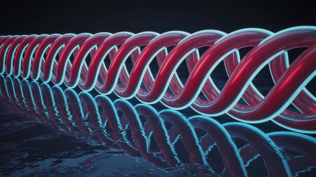Red double helix structure with glowing blue edges reflected on dark surface spiral science - Powered by Adobe