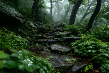 Obraz premium Serene Forest Pathway After Rain Perfect for Nature-Inspired Designs