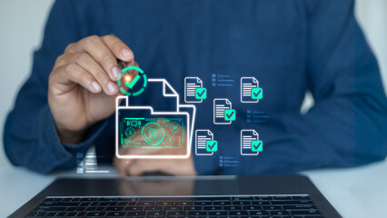 Businessman using digital document verification system with check mark icons, representing data security, online file management, and cybersecurity technology concept.