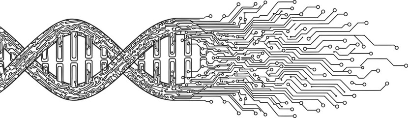Dna strand transforming into circuit board lines on a white background in a digital art style