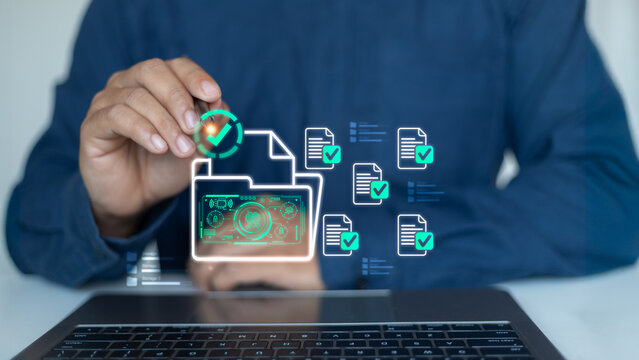 Businessman using digital document verification system with check mark icons, representing data security, online file management, and cybersecurity technology concept.