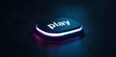 A retro inspired, neon lit play button on a dark, grid patterned background, referencing classic arcade games. A stylized, neon lit play button with a distinct retro, arcade aesthetic. The button
