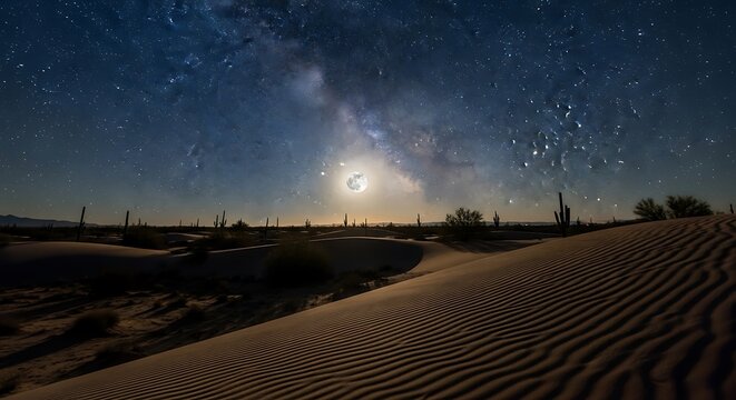 The brilliant Milky Way and full moon illuminate a dark desert landscape with sand dunes patterned by wind, and silhouettes of saguaro cacti under a starry sky. - Powered by Adobe