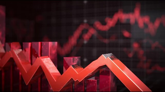 Market Downturn: Illustrates a somber scene of financial struggle. A plunging red arrow cuts through the visual space, over a graph showing the downtrend. Implying a critical shift or market decline.