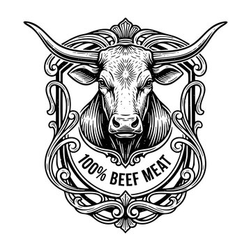 100% Beef Meat Label Engraving Vector Illustration