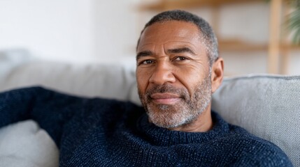Fototapeta premium Man sitting on couch, smiling at camera.