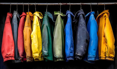 Colorful Coats Hanging in a Row, Dark Background