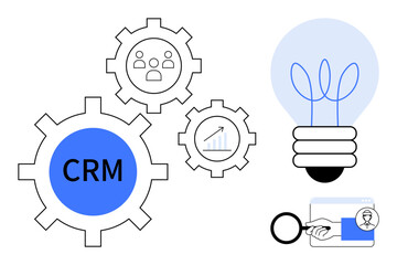 CRM gears with people and data analytics icons, lightbulb for innovation, hand with magnifying glass symbolizing search. Ideal for business management, teamwork, analytics, innovation, strategy