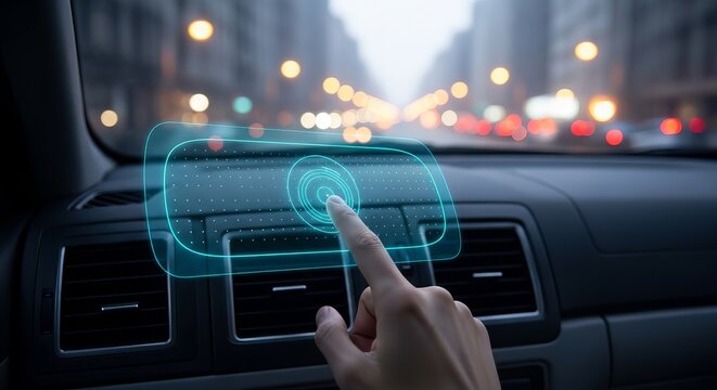 Hand touching futuristic holographic dashboard interface in a car