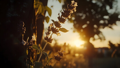 Sunset Silhouette of Lavender Blossoms Backlit by Golden Light