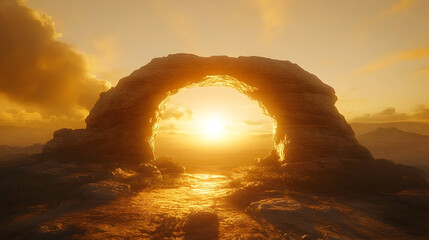 Golden Hour Glow: Natural Stone Archway Bathed in Warm Sunlight