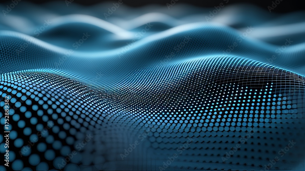 Wall mural futuristic mesh surface in soft blues and whites, connecting dots on wavy 3d graphic design element